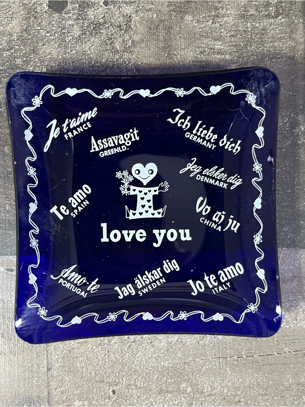 Vintage “I Love You” 10 Languages Gold Ashtray 3" Cobalt Blue Trinket Dish
